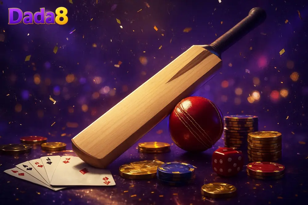 Dada8 betting — cricket bat and ball on confetti lit stage