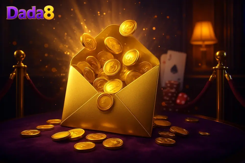Dada8 bonus — golden envelope bursting with coins in private room