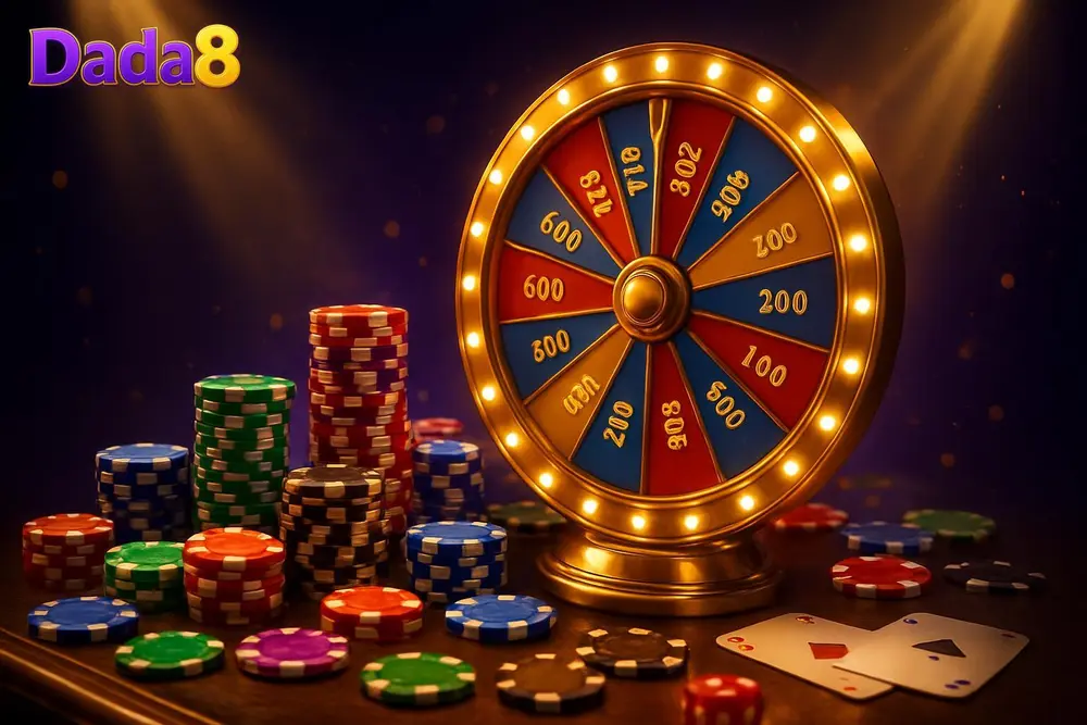 Dada8 games — glowing wheel of fortune on bar counter