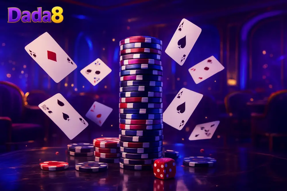 Dada8 Bangladesh — tall chip tower with cards flying in lounge
