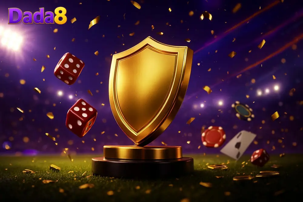 Dada8 login — golden shield medal glowing on stadium pitch