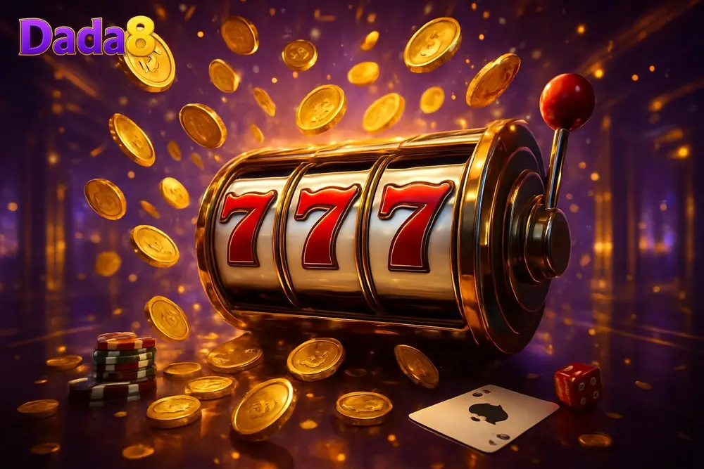 Dada8 slots — slot reels landing on sevens in golden hall